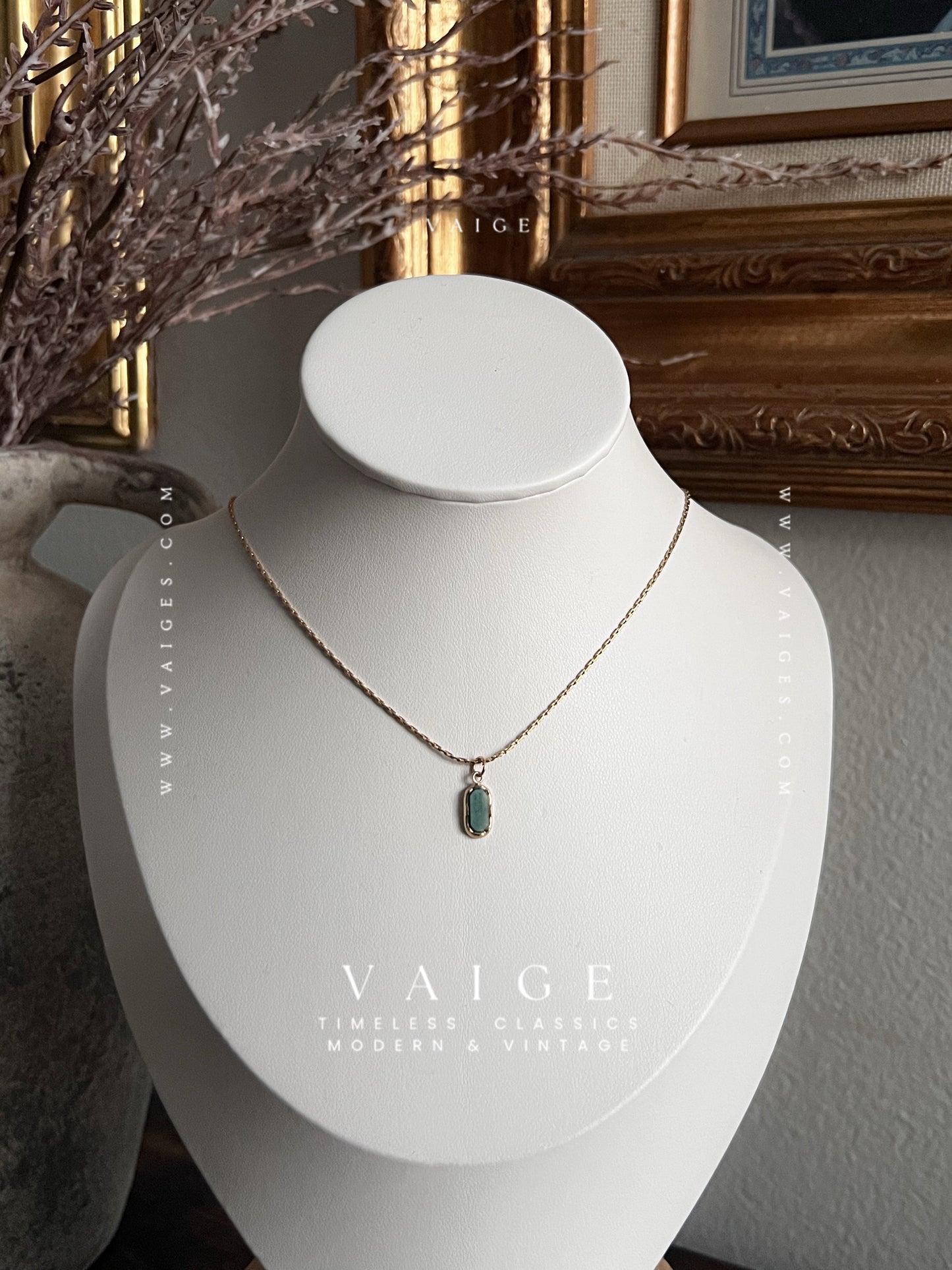 VAIGE Dainty Natural Stone Green White Red Oval Pendant Necklace Stainless Steel