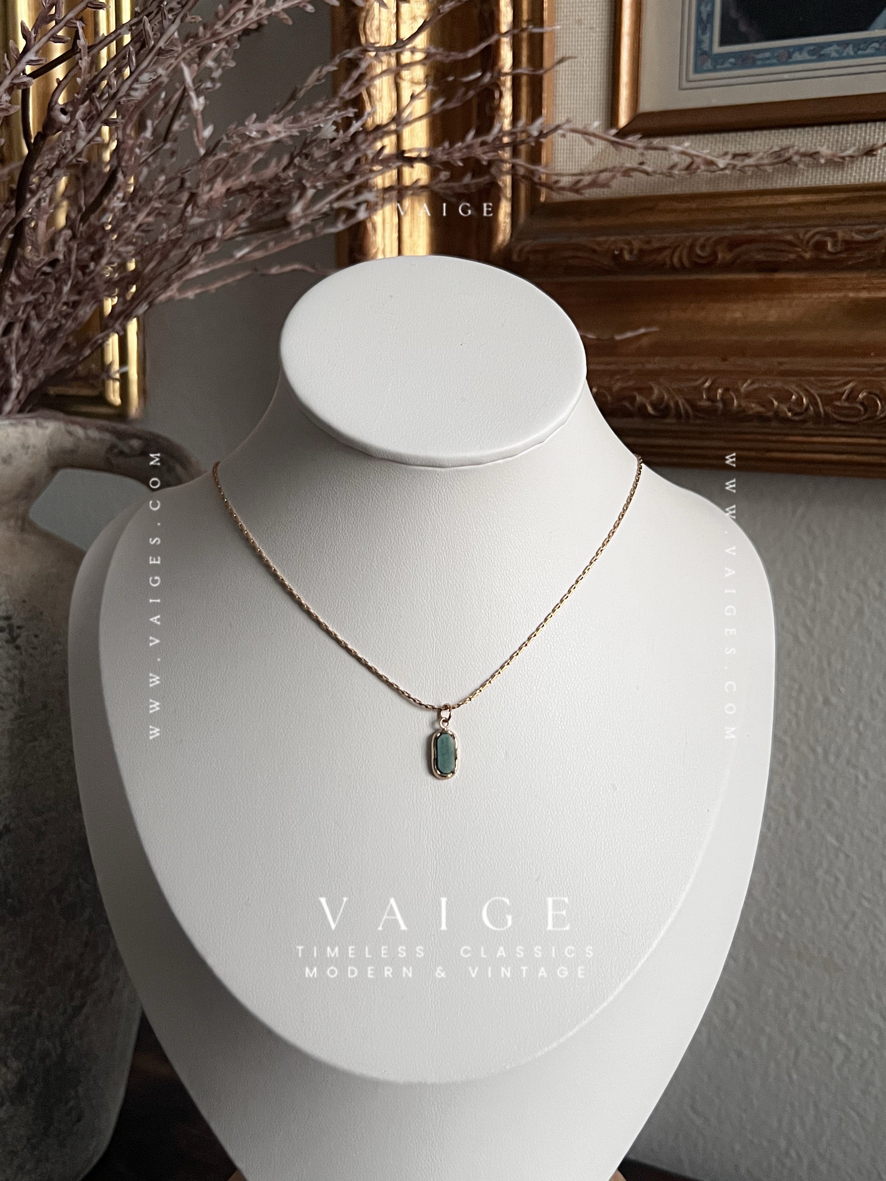 VAIGE Dainty Natural Stone Green White Red Oval Pendant Necklace Stainless Steel