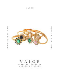 VAIGE Oval Floral Cubic Zirconia Green Black Clear Stone Ring Adjustable