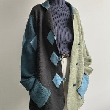 Vintage Green Blue Black Sweater W Diamond Patchwork [ Only One Available ]