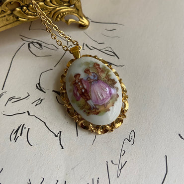 gold vintage porcelain Limoges made in France pendant  necklace • 18in — Vivian Vintage Collection • only 1 available • View all photos; item is thrifted/vintage and may show flaws: (  )