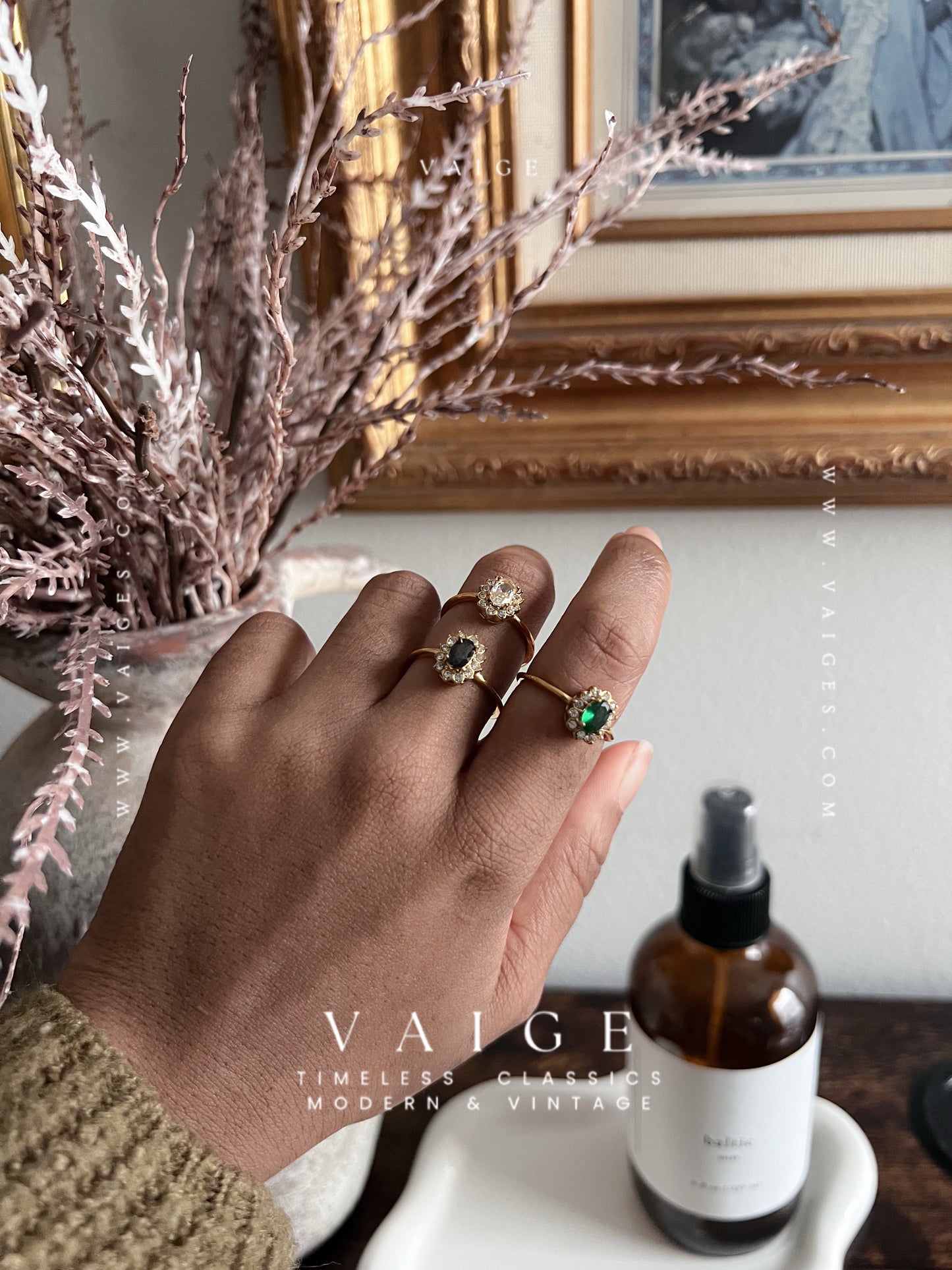 VAIGE Oval Floral Cubic Zirconia Green Black Clear Stone Ring Adjustable