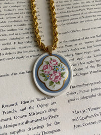 One-of-one | vintage porcelain flower pendant LONG twist gold chain Necklace 20”+