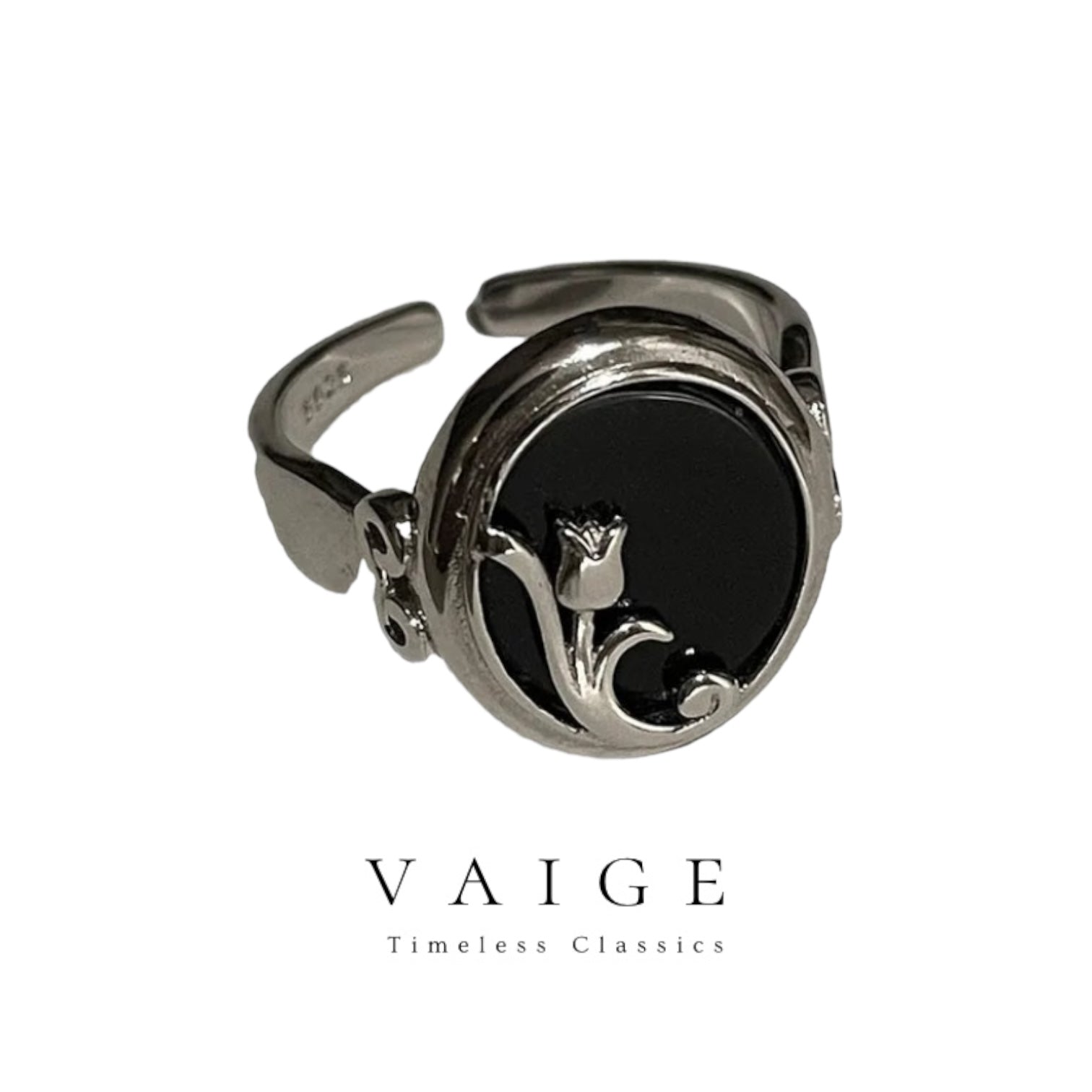 VAIGE Elegant Black Epoxy Floral Open Ring in Sterling Silver with Cubic Zirconia Accents