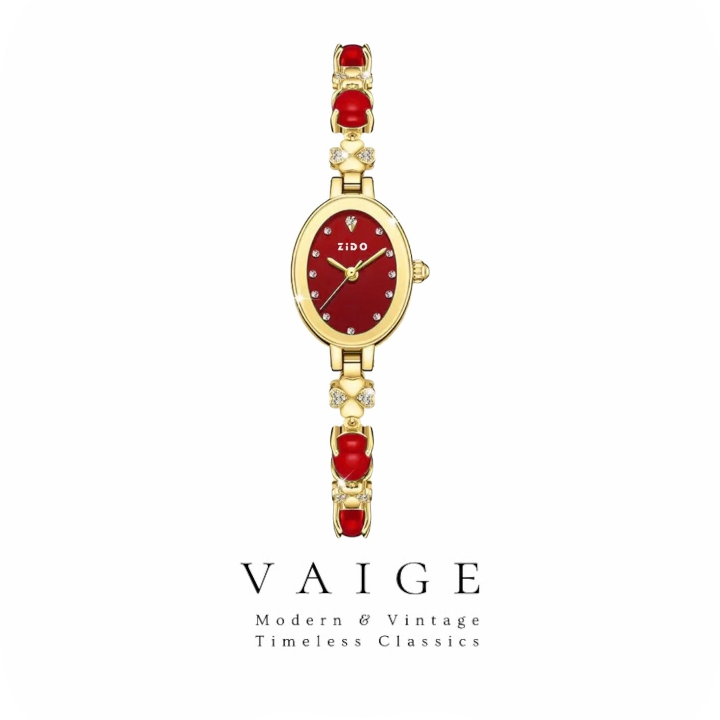 VAIGE Elegant Camelia Green Zircon Quartz Watch with Gold Chain Bracelet