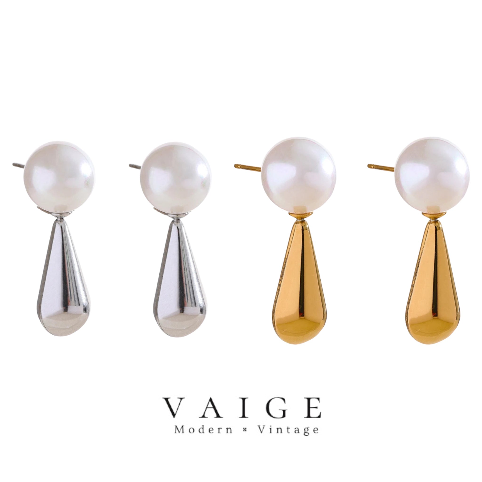 VAIGE Gold-Plated Simulated Pearl Teardrop Stud Earrings in Elegant White