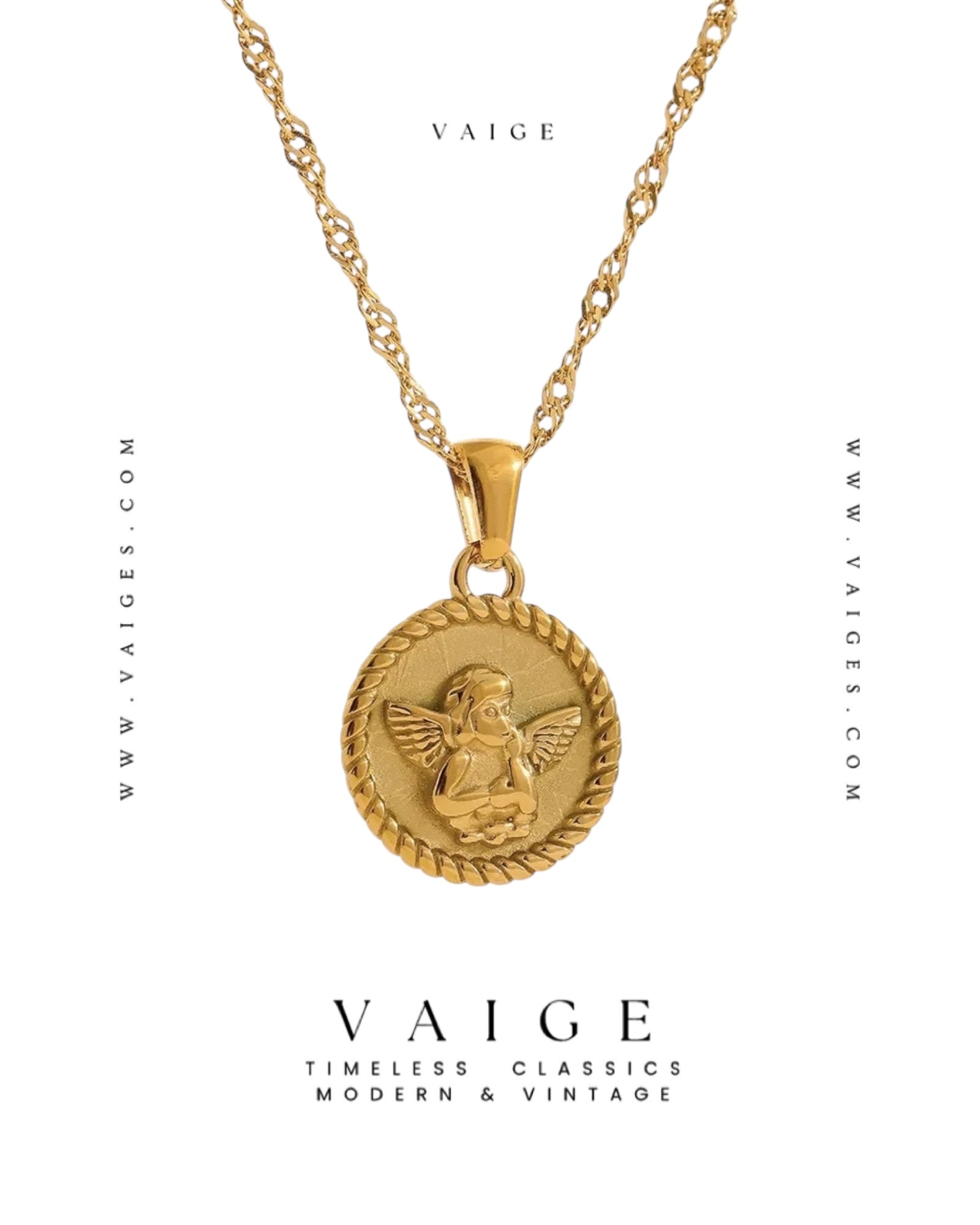 VAIGE Stainless Steel Angel Cherub Coin Necklace Gold