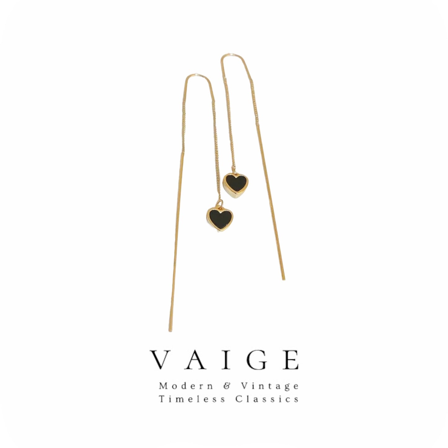 VAIGE Elegant Black Heart Gold Thread Drop Earrings