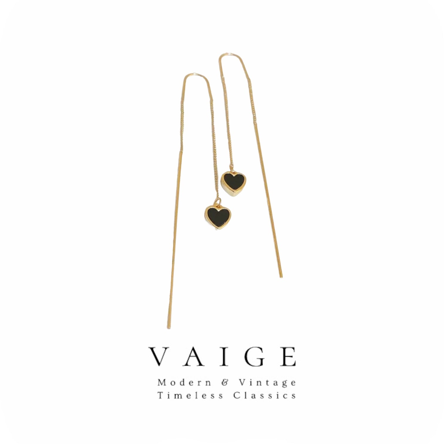 Black Heart dainty gold Long thread chain earrings