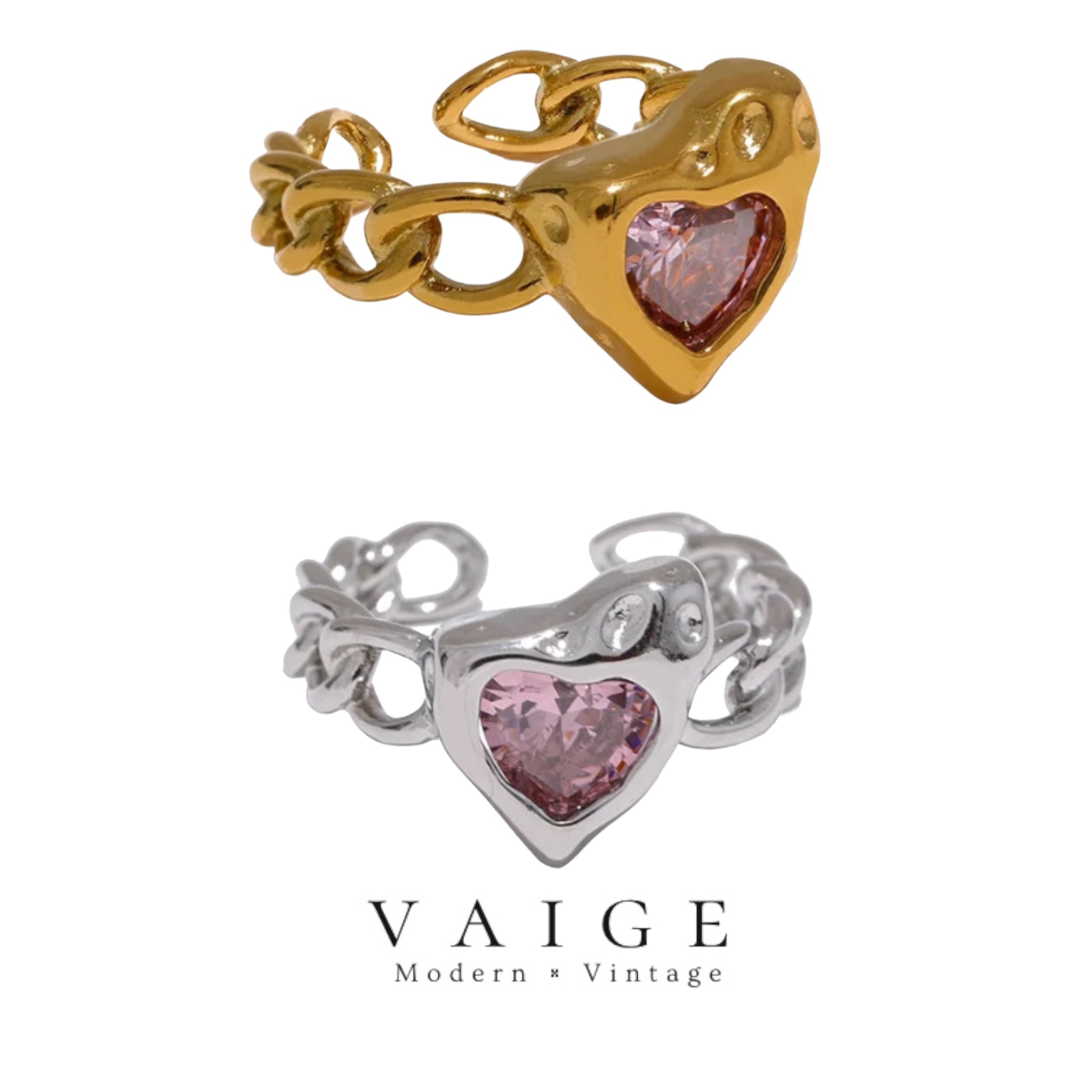 VAIGE Radiant Pink Heart Ring with Cubic Zirconia in Stainless Steel