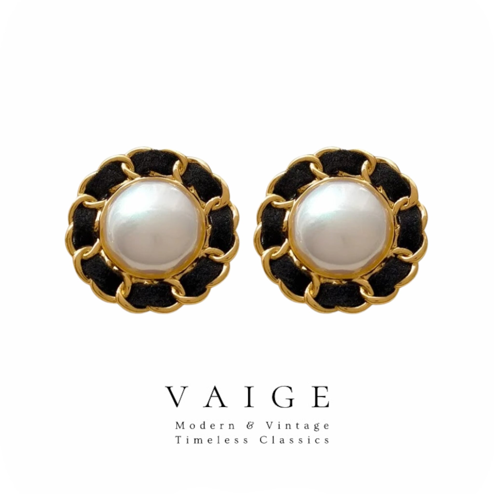 VAIGE Vintage Pearl Enamel Stud Earrings in Black and Gold