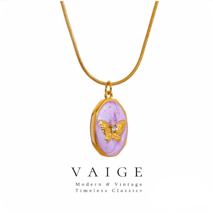 VAIGE Radiant Pink Butterfly Zircon Necklace in Stainless Steel