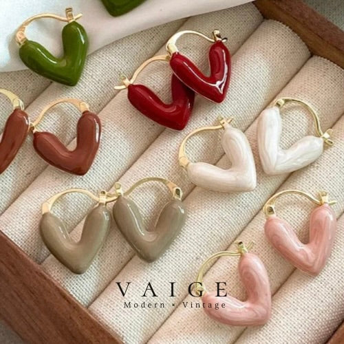 VAIGE Vibrant Colorful Enamel Heart Drop Earrings in Red, Pink, and Green