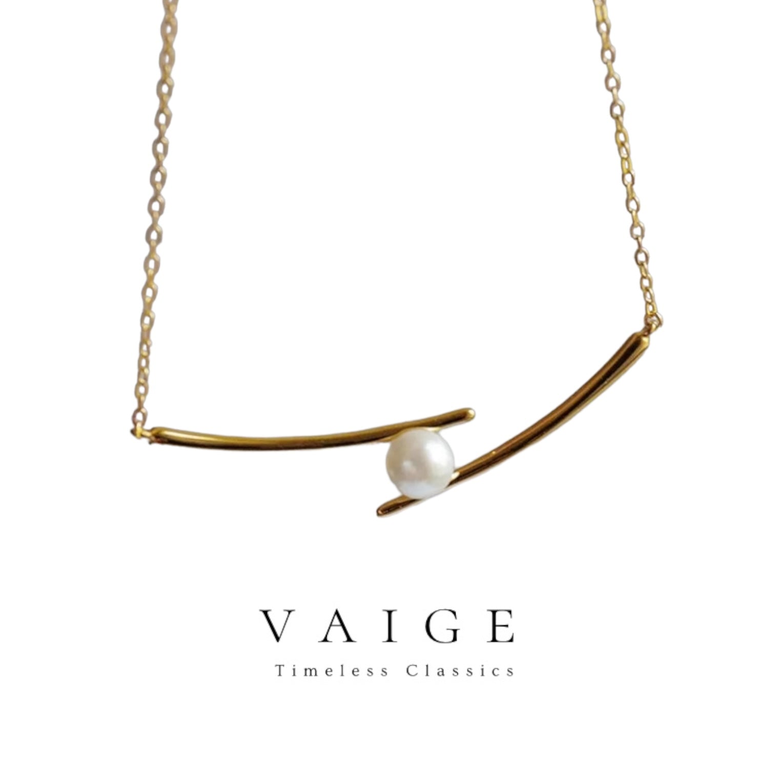 VAIGE Elegant Geometric Pearl Silver Necklace .925 Sterling