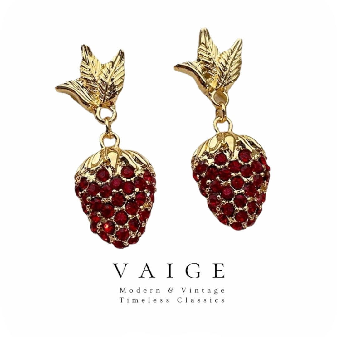 VAIGE Dazzling Red Strawberry Zirconia Gold Plant Drop Earrings