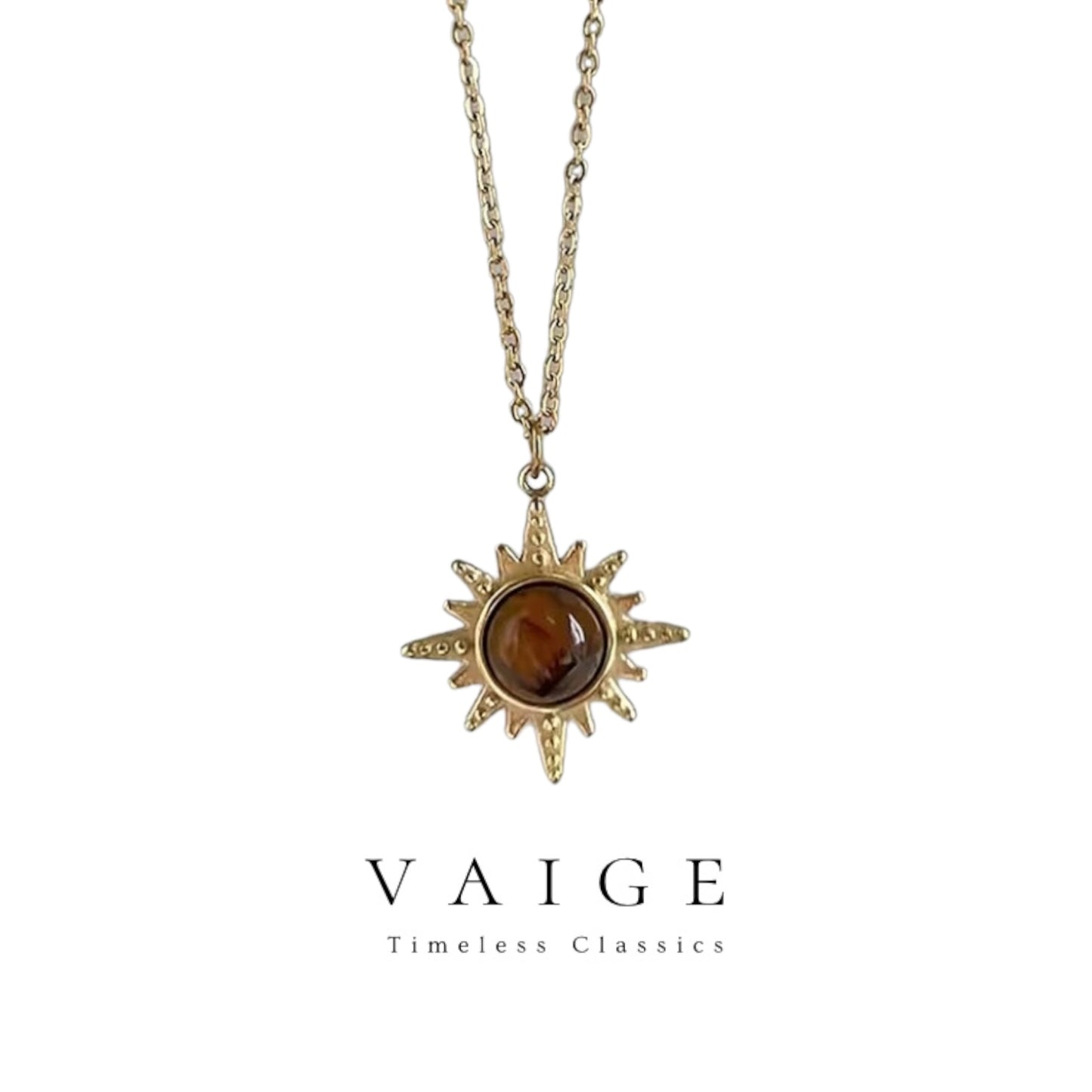 VAIGE Radiant Gold Sun Geometric Tiger Eye Necklace