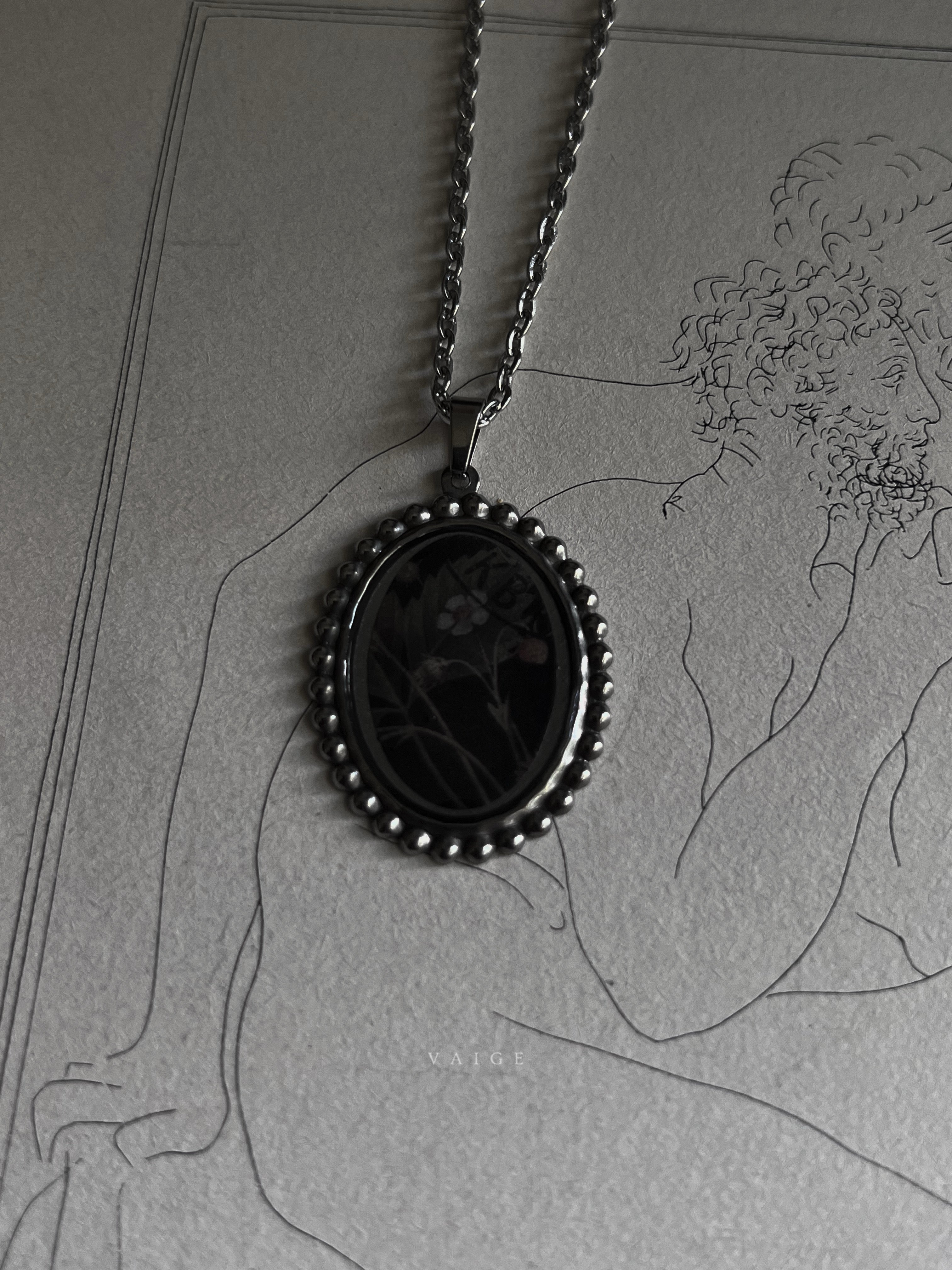 VAIGE  Vintage Post Stamp Flower Oval Silver Necklace