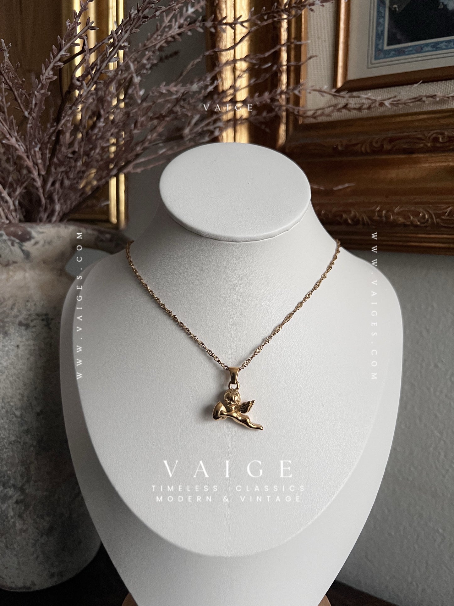 VAIGE Stainless Steel Angel Cherub Heart Pendant Necklace Gold