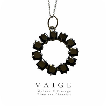One-of-one | vintage black zircon square circle silver necklace 18”