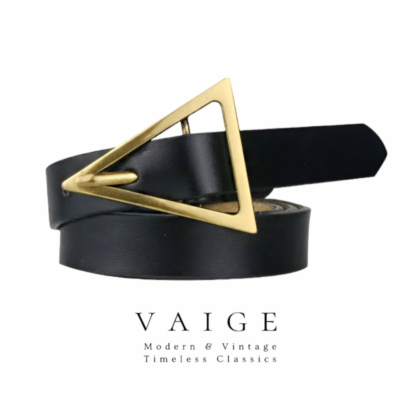 VAIGE Mariah Vintage-Inspired Gold Brass Triangle Buckle Leather Belt in Classic Black