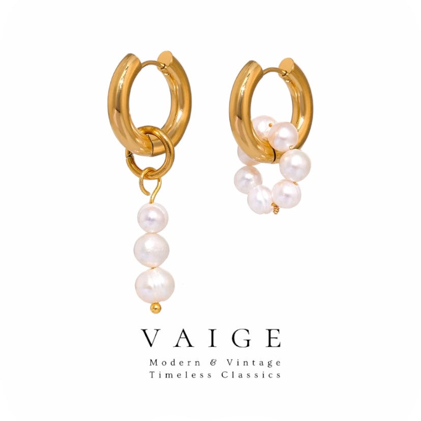 VAIGE Elegant Gold Asymmetrical Pearl Dangle Earrings in Stainless Steel