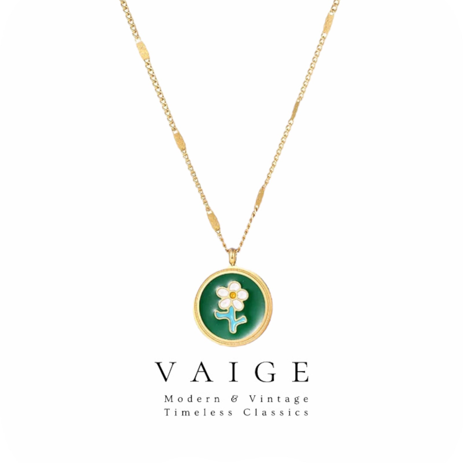 VAIGE Elegant Green and Gold Floral Stainless Steel Necklace