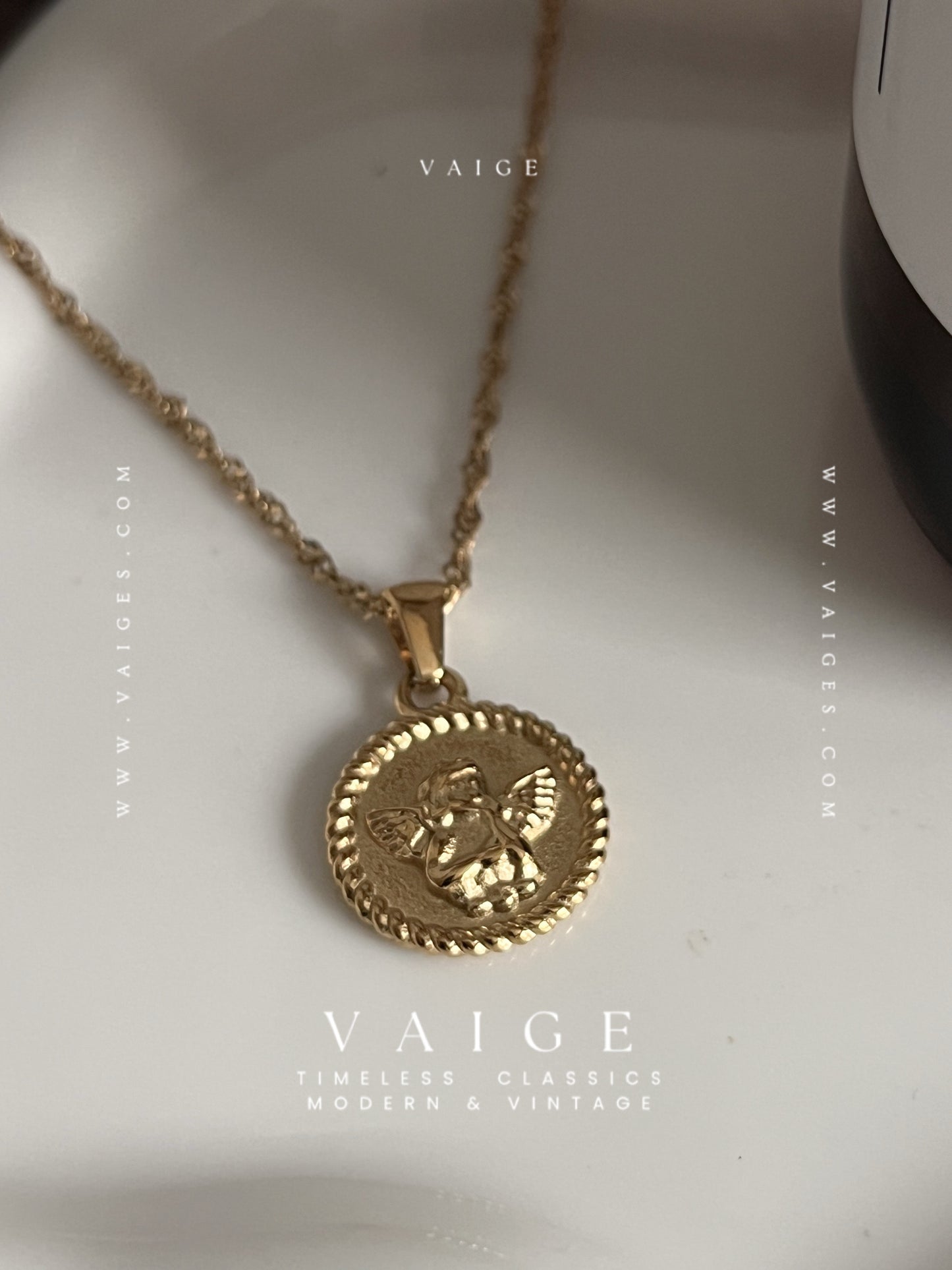 VAIGE Stainless Steel Angel Cherub Coin Necklace Gold