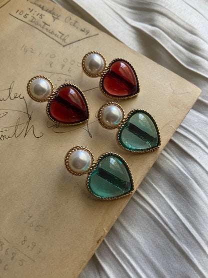 Red & Blue Heart Pearl Earrings