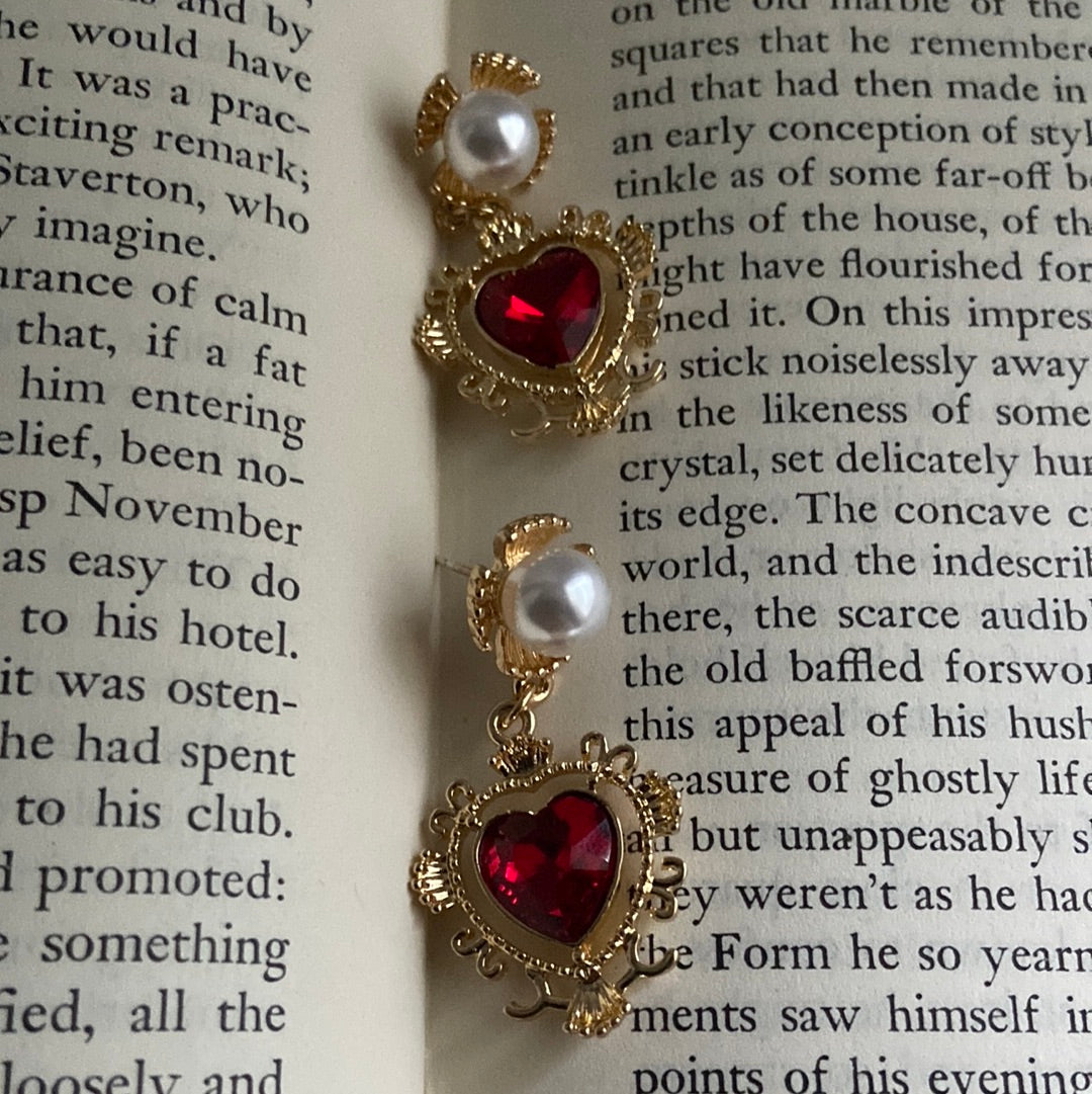 Red Heart Dangle Pearl Earrings