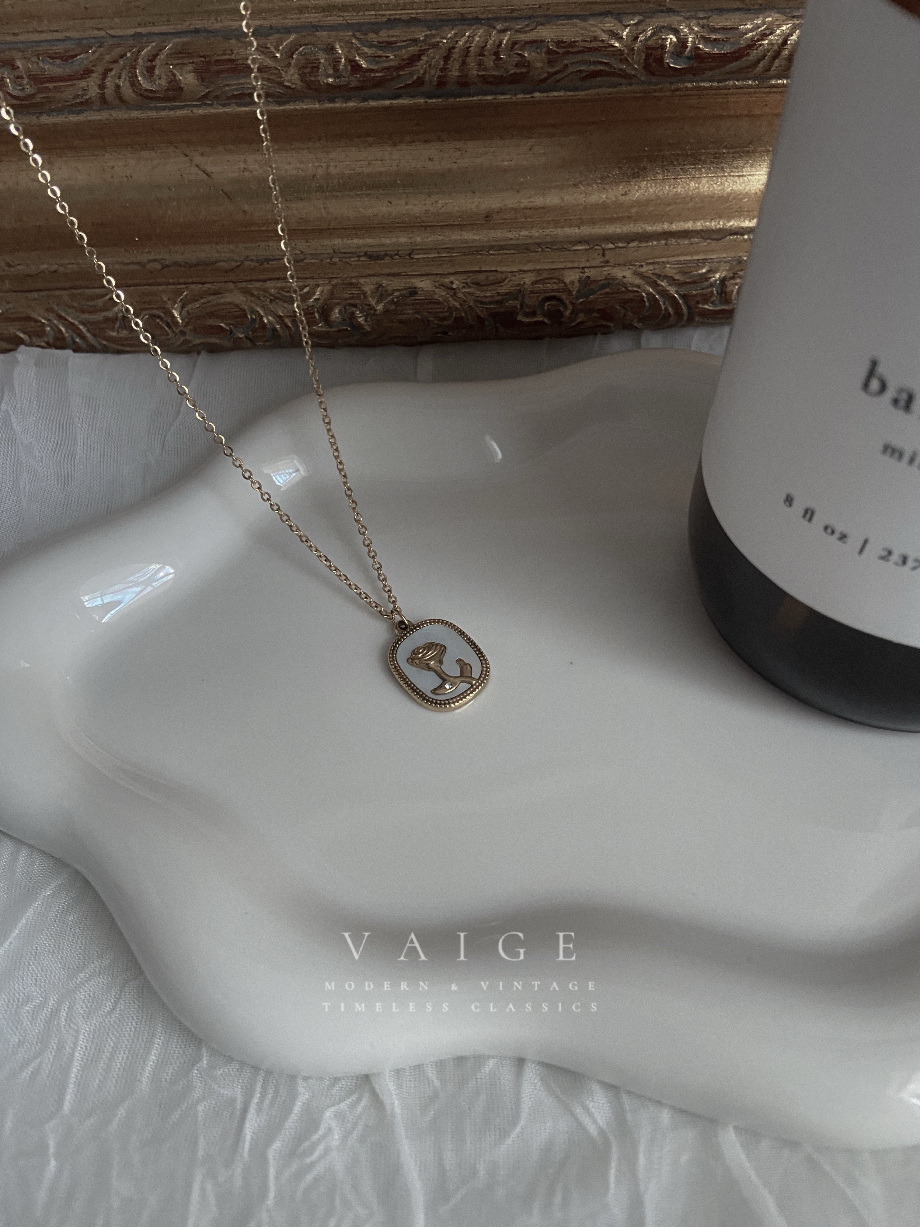VAIGE Gold Stainless Steel Shell Rose Pendant Necklace