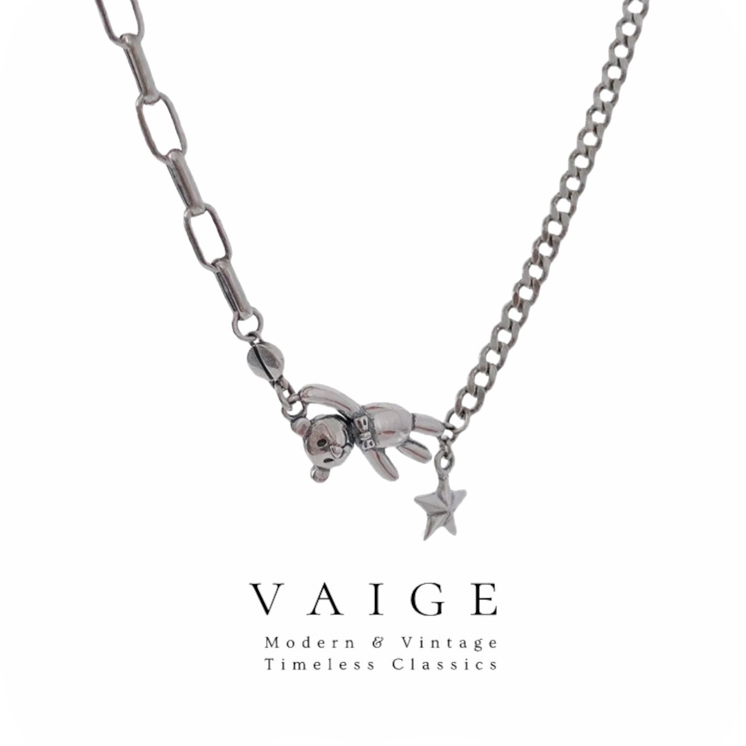 VAIGE Silver Multi-Chain Choker with Bear & Star Pendant