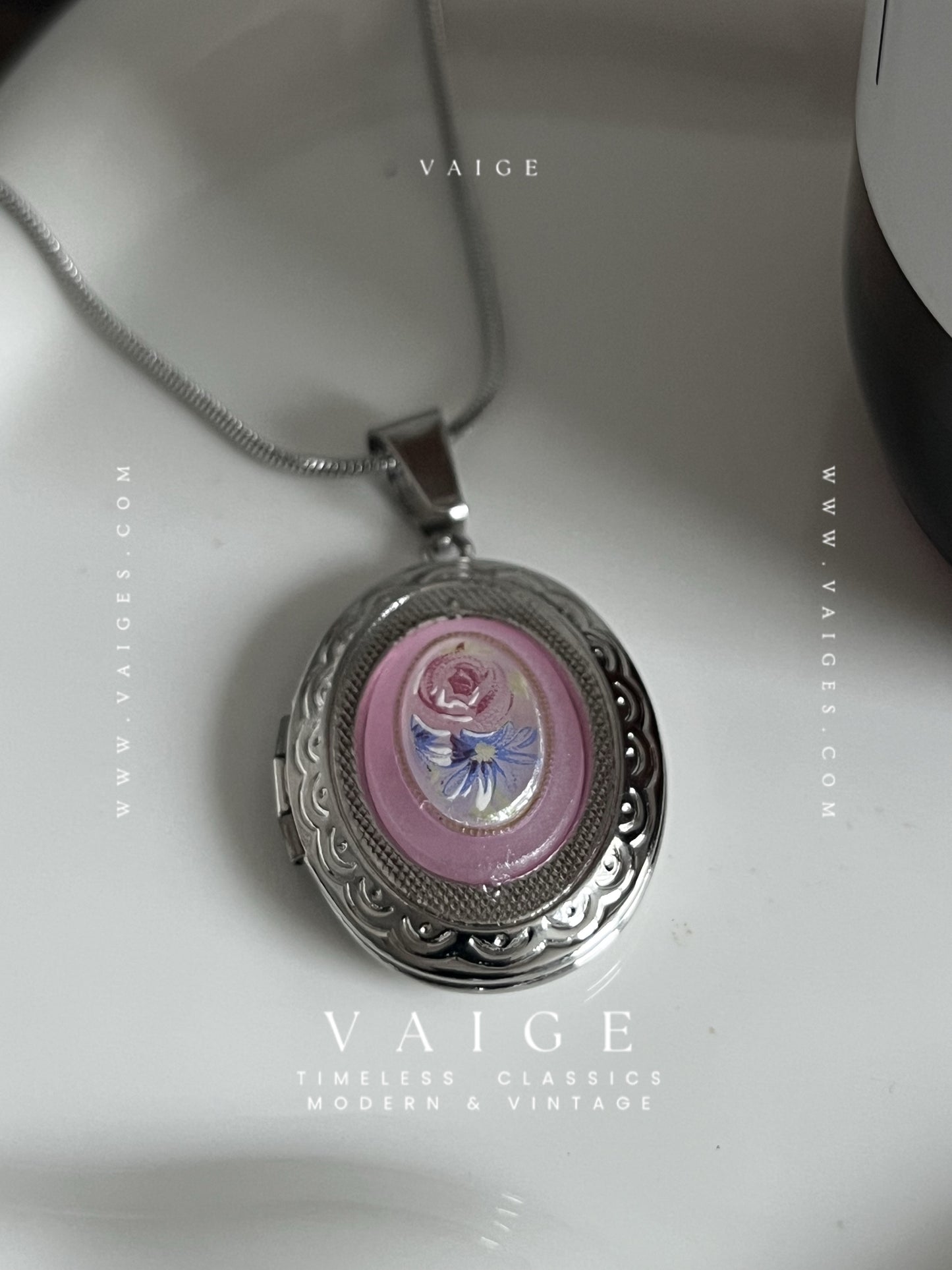 VAIGE Silver pink floral bouquet stainless steel necklace