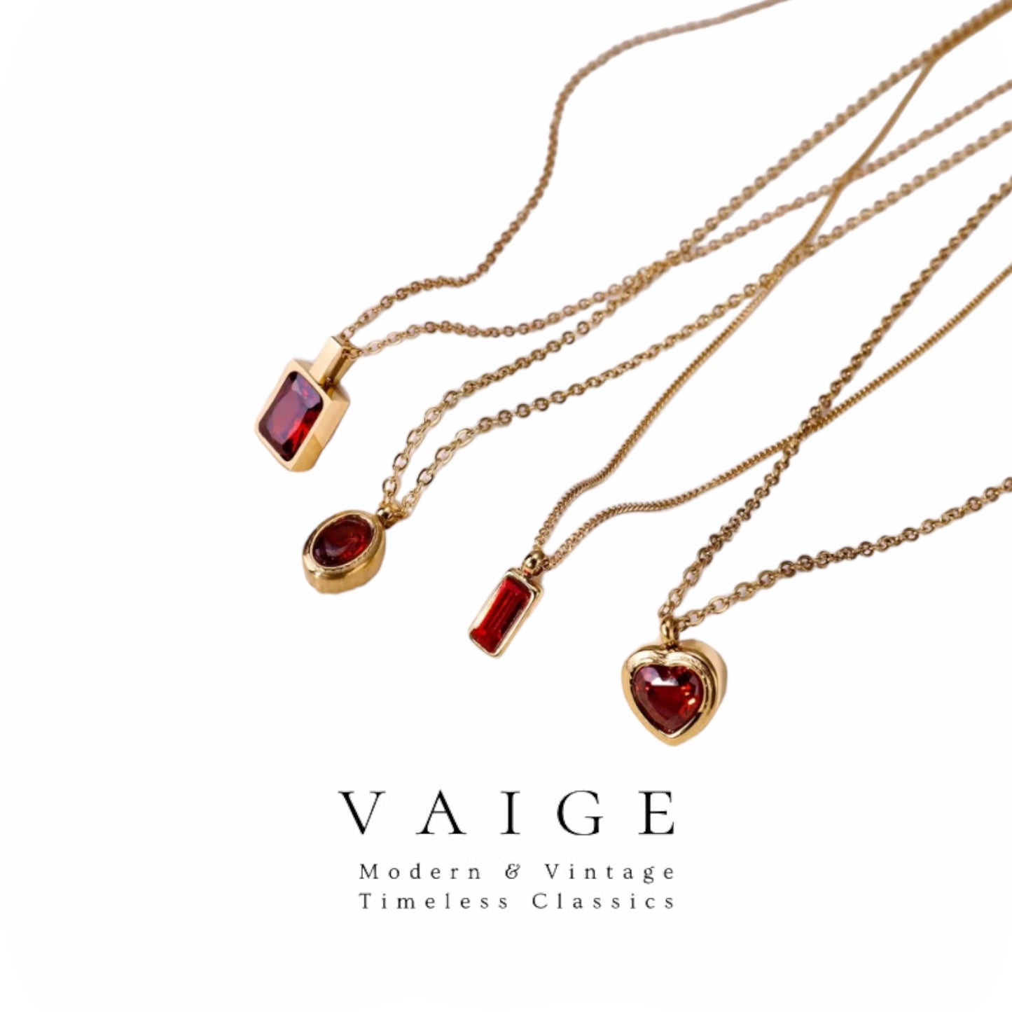 VAIGE Dazzling Red Gemstone Necklace in Heart, Circle, Square, and Rectangle Shapes