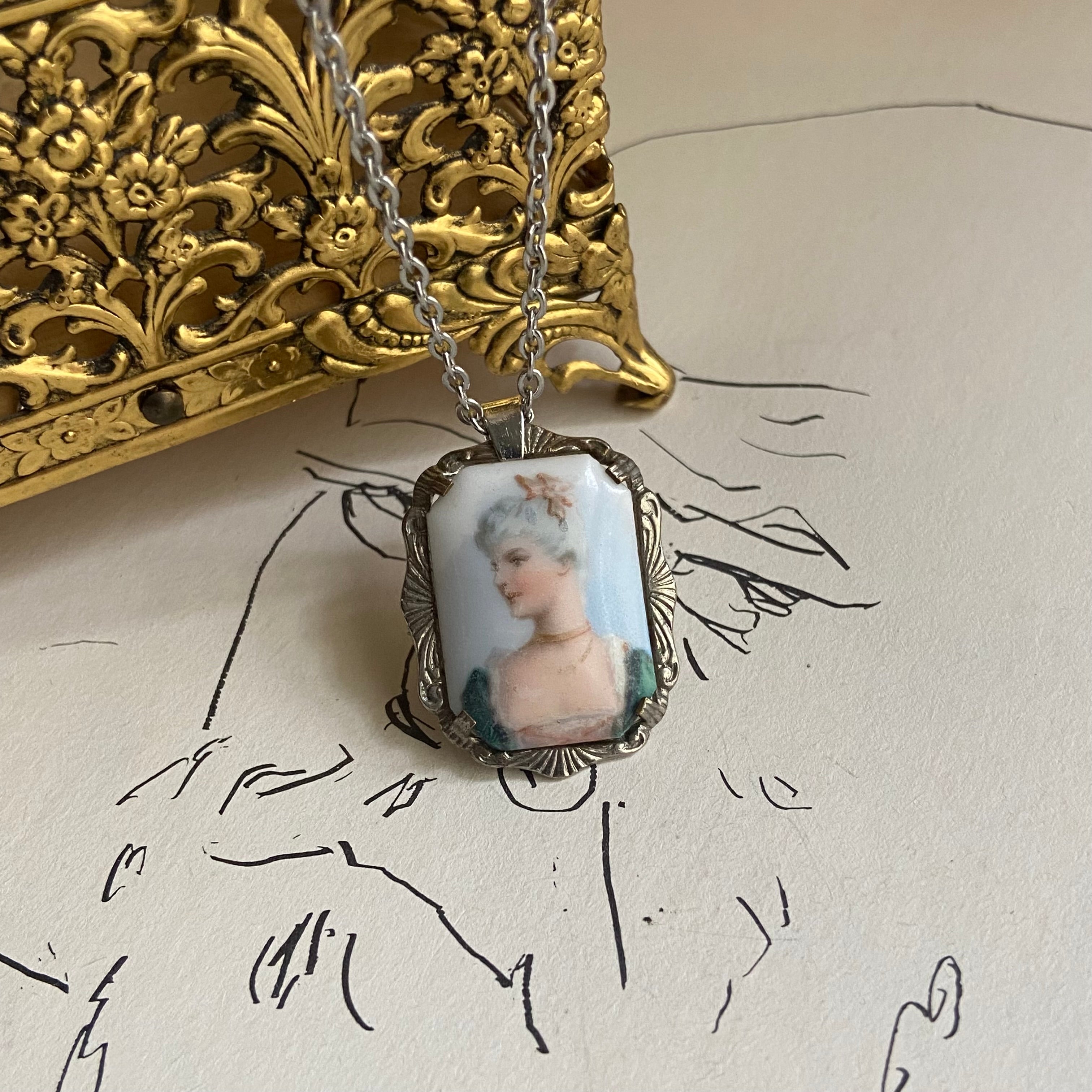 silver  Victorian lady porcelain necklace • 18in — Vivian Vintage Collection • only 1 available • View all photos; item is thrifted/vintage and may show flaws: (  )