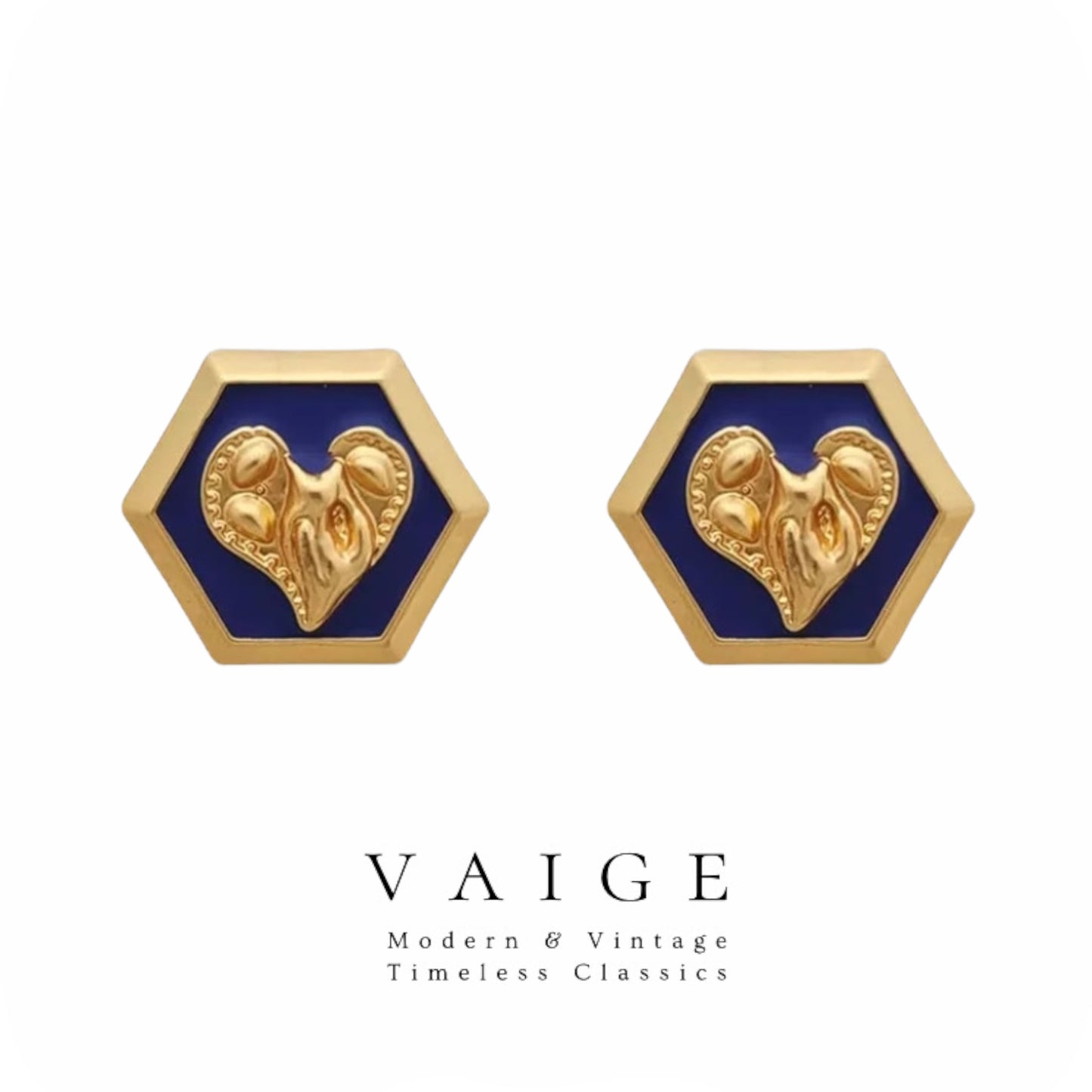 VAIGE Irregular Blue and Gold Heart Earrings - Unique Vintage Elegance