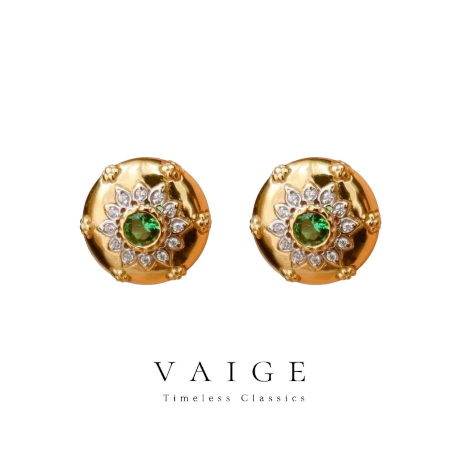 VAIGE Elegant Green Zircon Carved Floral Stud Earrings