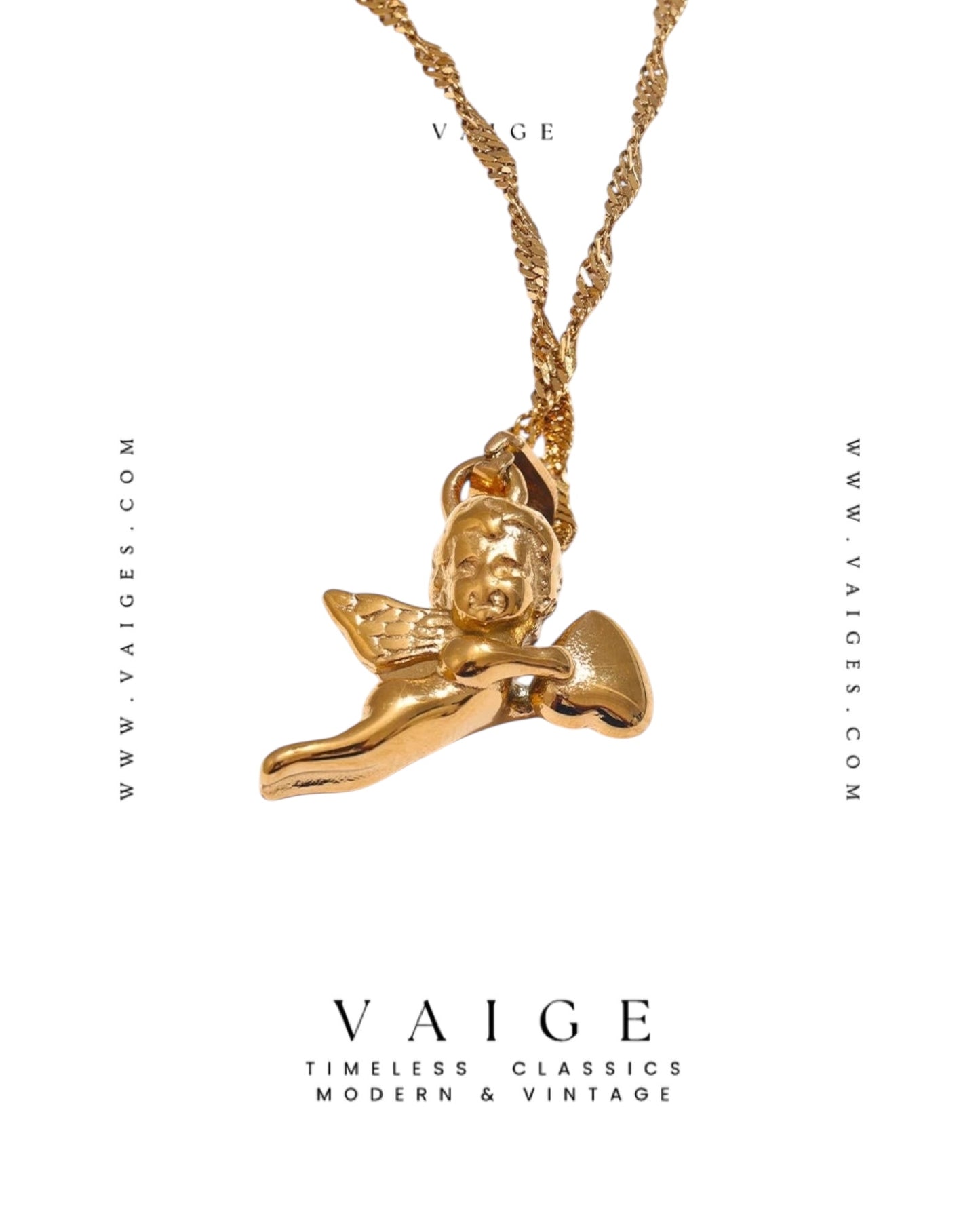 VAIGE Stainless Steel Angel Cherub Heart Pendant Necklace Gold