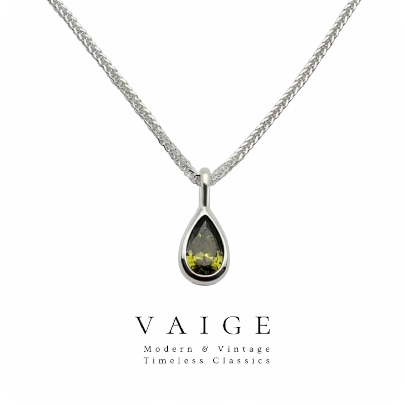 VAIGE Elegant Emerald Green Water Drop Pendant Necklace in .925 Sterling Silver