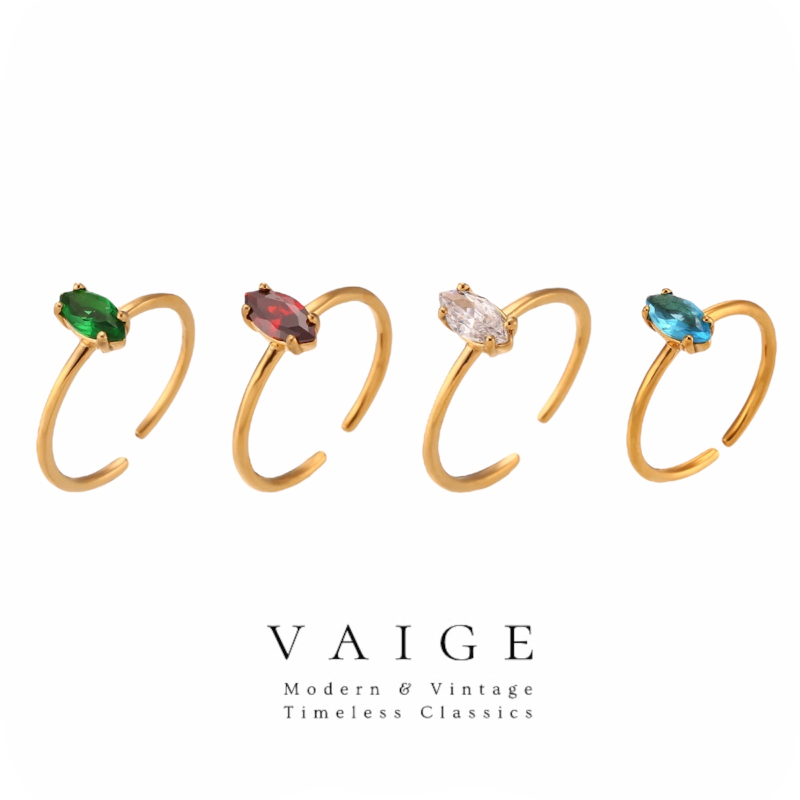 VAIGE Dazzling Multi-Color Diamond Gem Adjustable Stainless Steel Ring