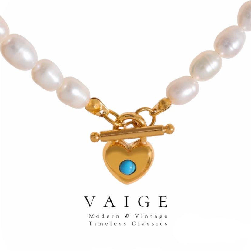 VAIGE Elegant Turquoise Heart Pendant Necklace with Freshwater Pearls and Gold Toggle Clasp