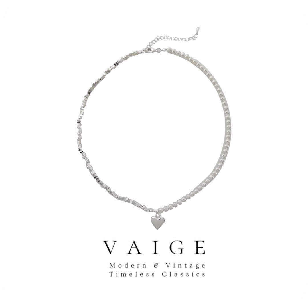 VAIGE Elegant Silver Asymmetrical Pearl Heart Necklace