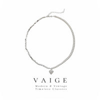 VAIGE Elegant Silver Asymmetrical Pearl Heart Necklace