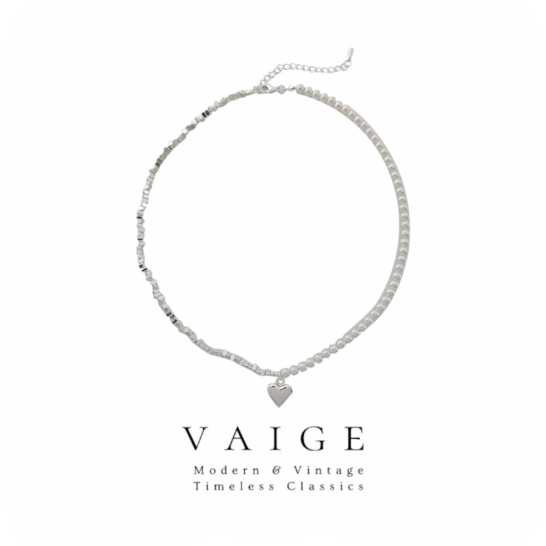 Asymmetrical Pearl Heart silver Pendant Necklace