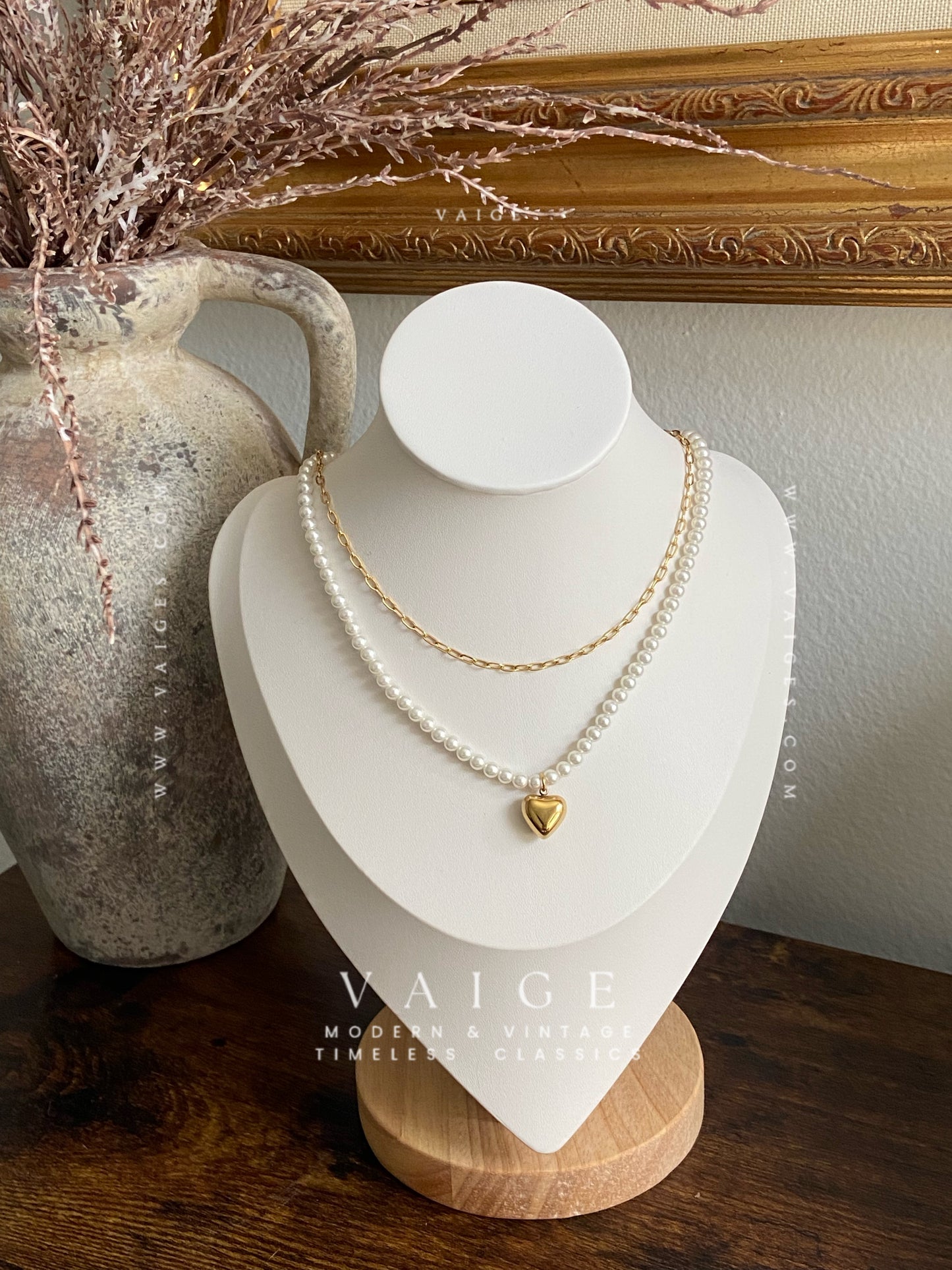 VAIGE 18K Gold Plated SS Pearl Beaded Heart Pendant Necklace