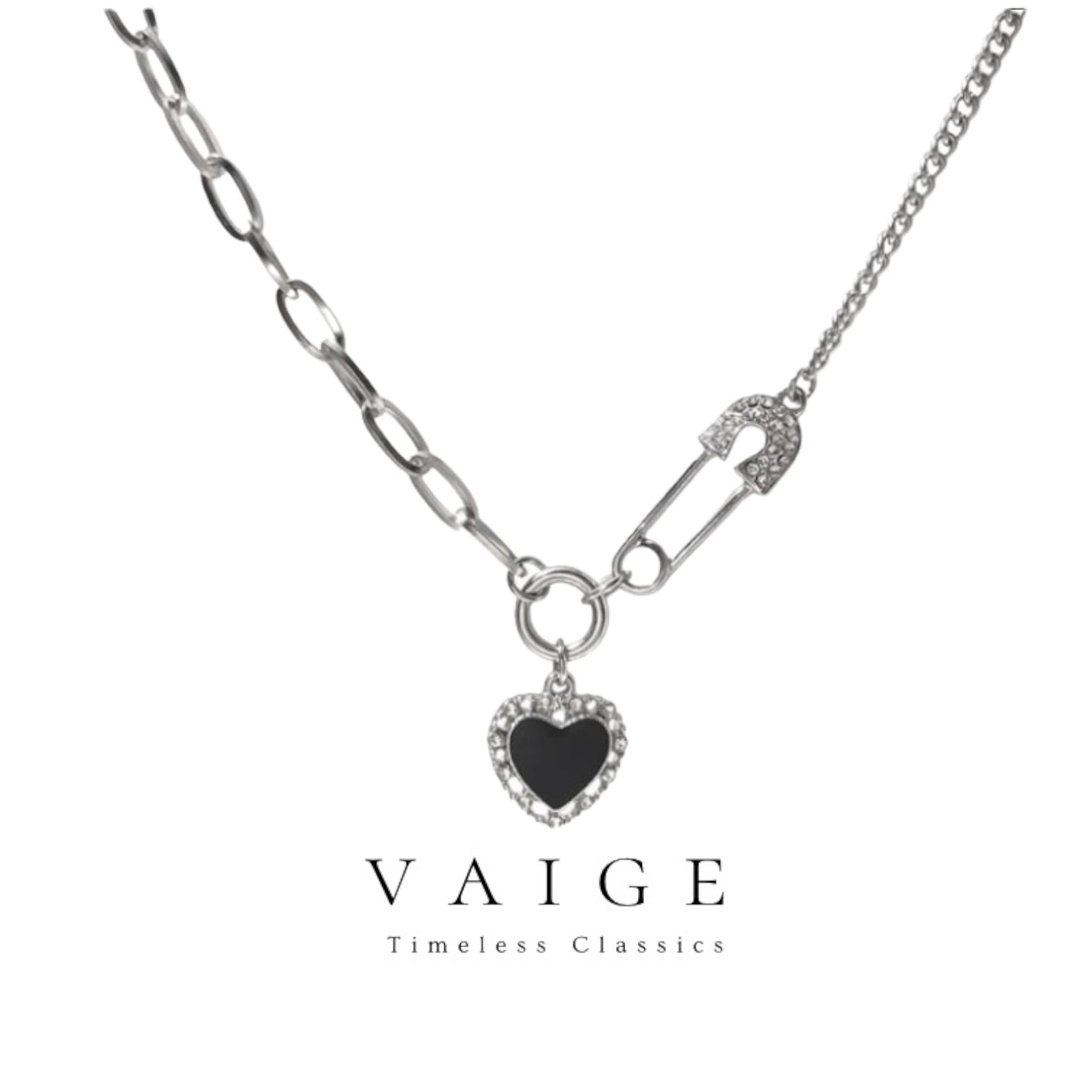 VAIGE Enchanting Black Heart Zircon Multichain Silver Necklace