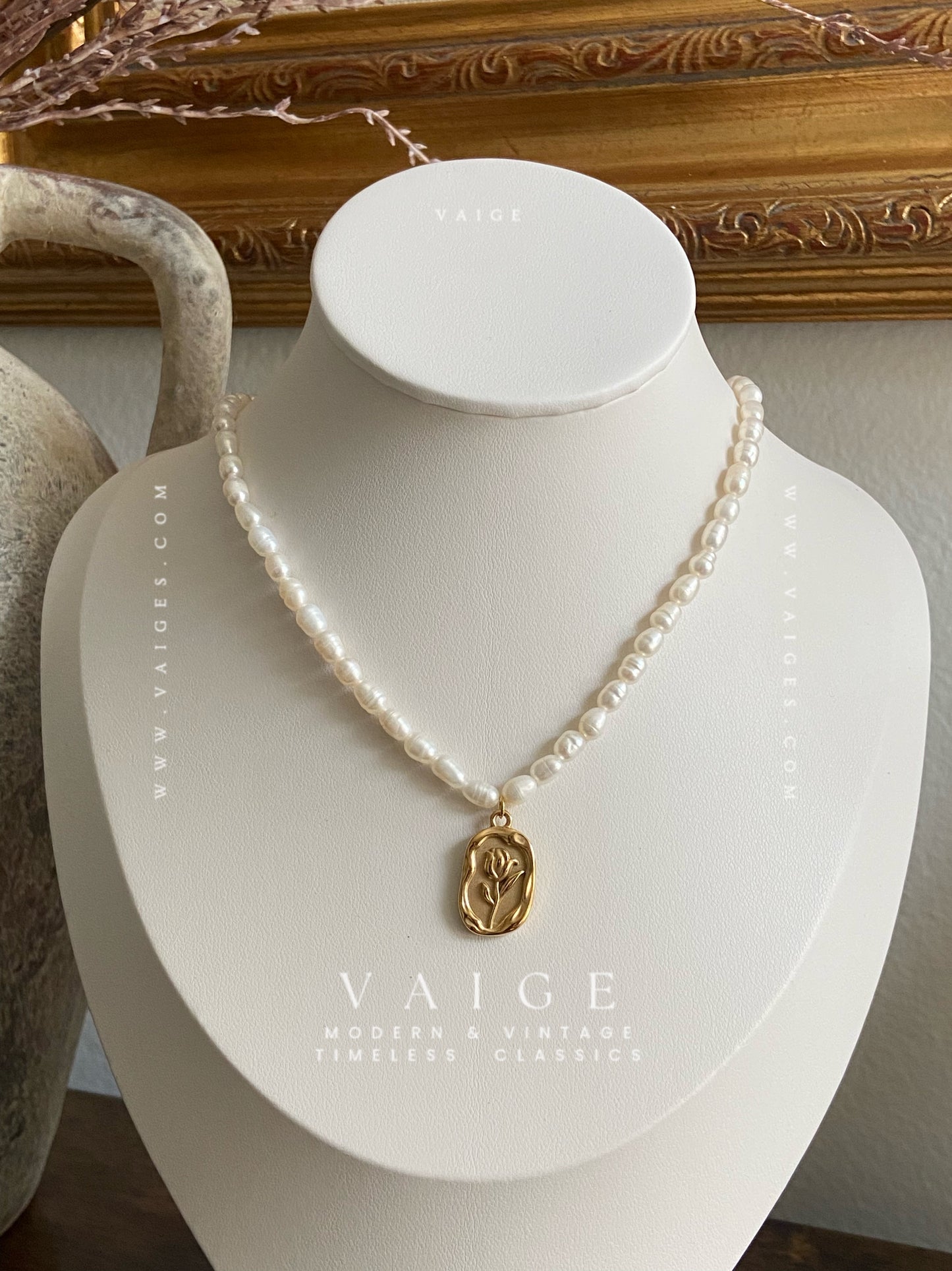 VAIGE 18K Gold Plated Stainless Steel Flower Charm Pearl Beaded Necklace