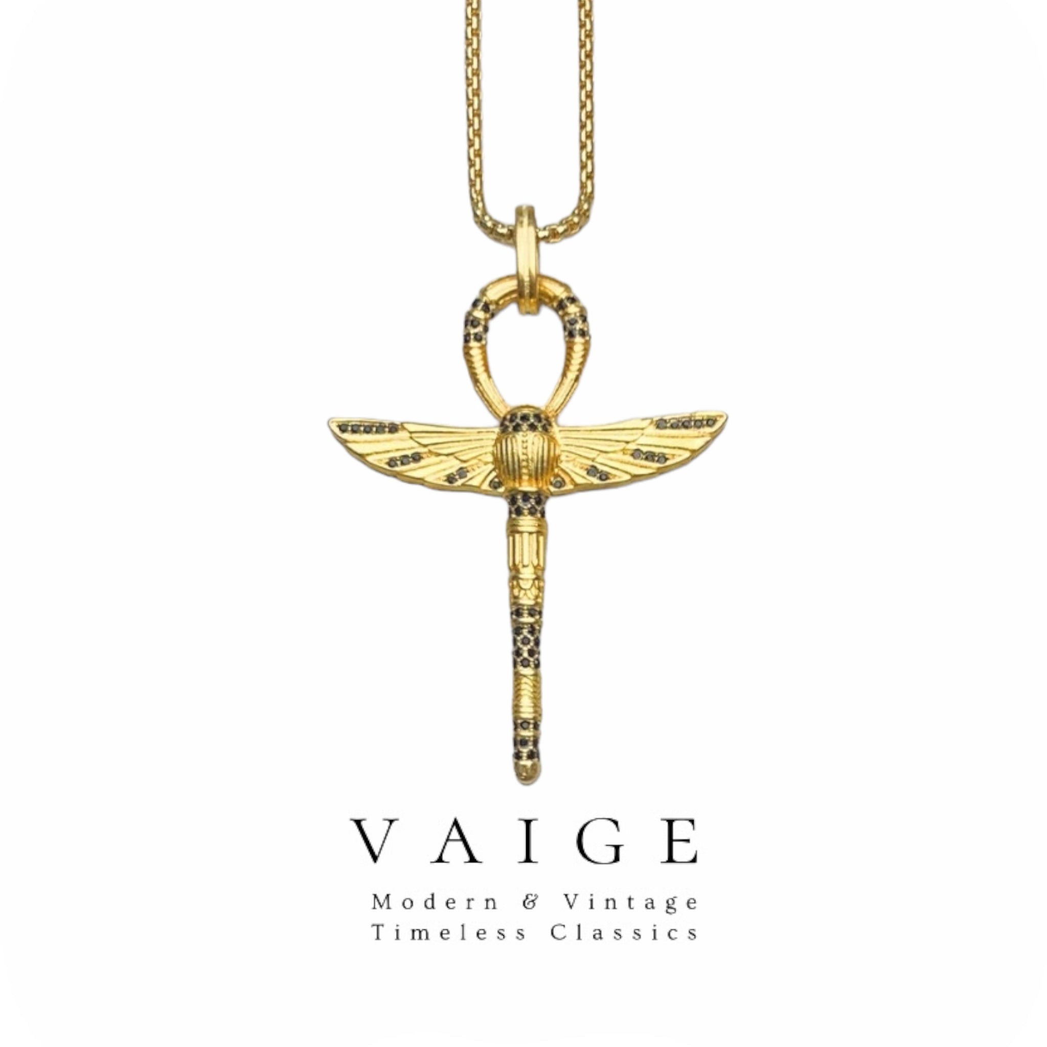 VAIGE Majestic Gold Ankh Necklace with Scarab and Zircon Pendant in 925 Sterling Silver