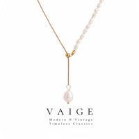 VAIGE Luxurious Gold and Pearl Lariat Necklace