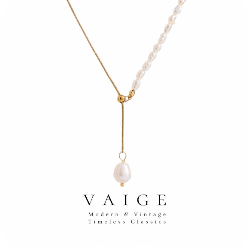 VAIGE Luxurious Gold and Pearl Lariat Necklace