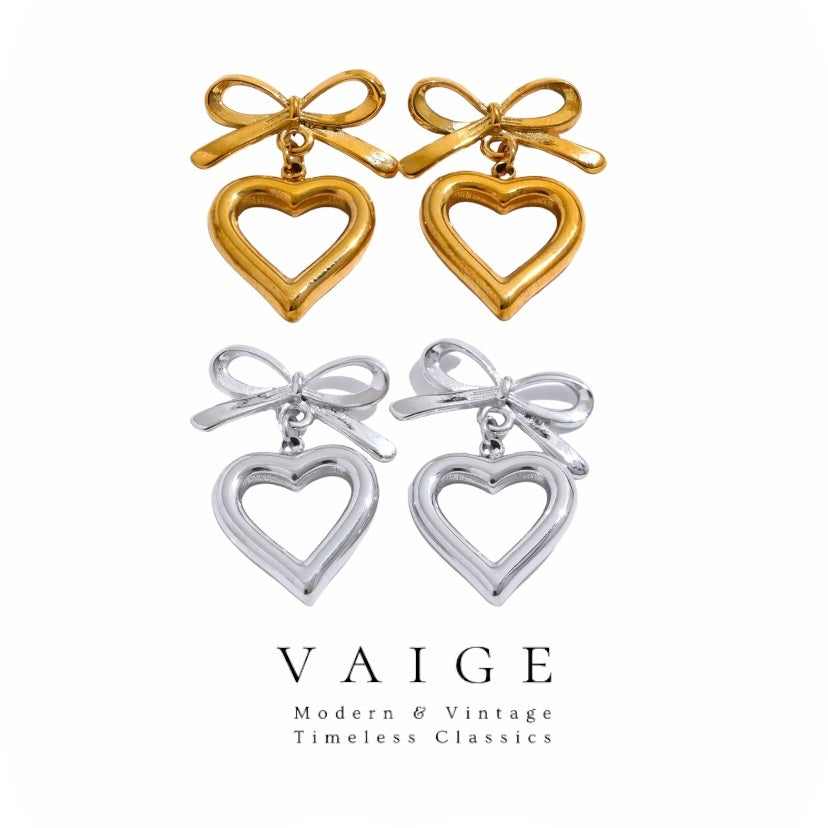 VAIGE Elegant Gold Bow Heart Dangle Earrings in Stainless Steel